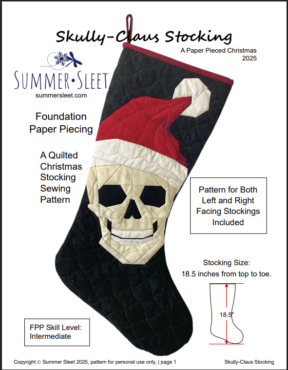 Skully Claus FPP Quilted Christmas Stocking Pattern: Foundation Paper Piecing (PDF Download)