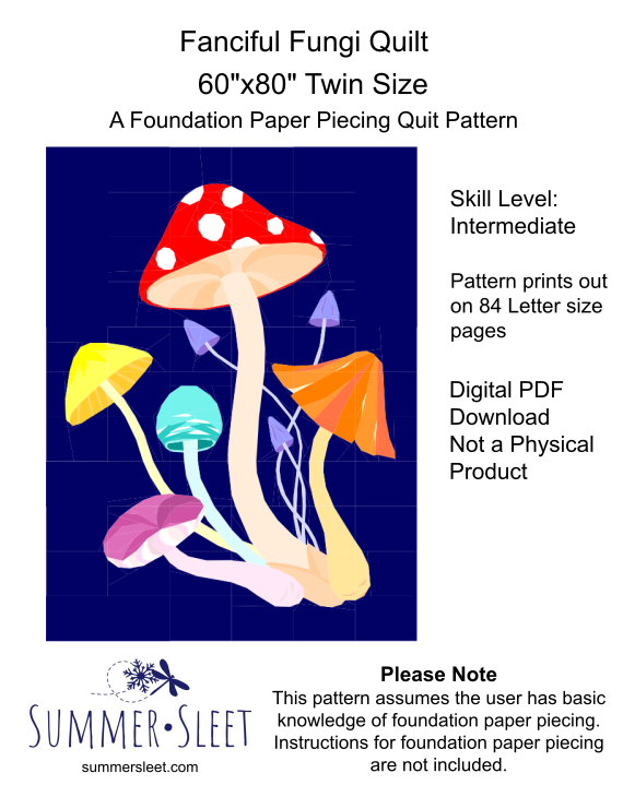 Fanciful Fungi Quilt Pattern (Twin Size), Foundation Paper Piecing (Digital Download)