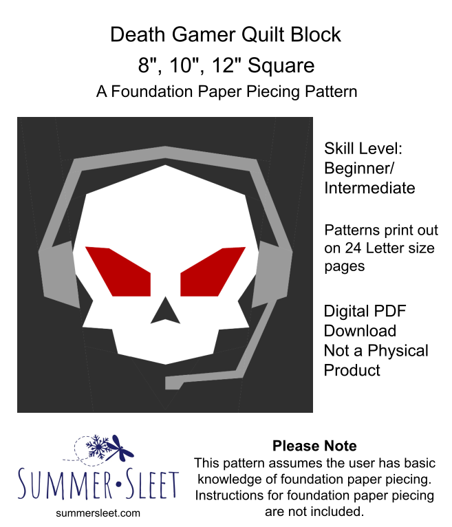 Death Gamer Skull Quilt Block Pattern, Foundation Paper Piecing (PDF Download)