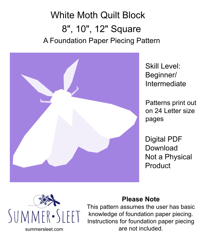 White Moth Quilt Block Pattern, Foundation Paper Piecing (PDF Download)