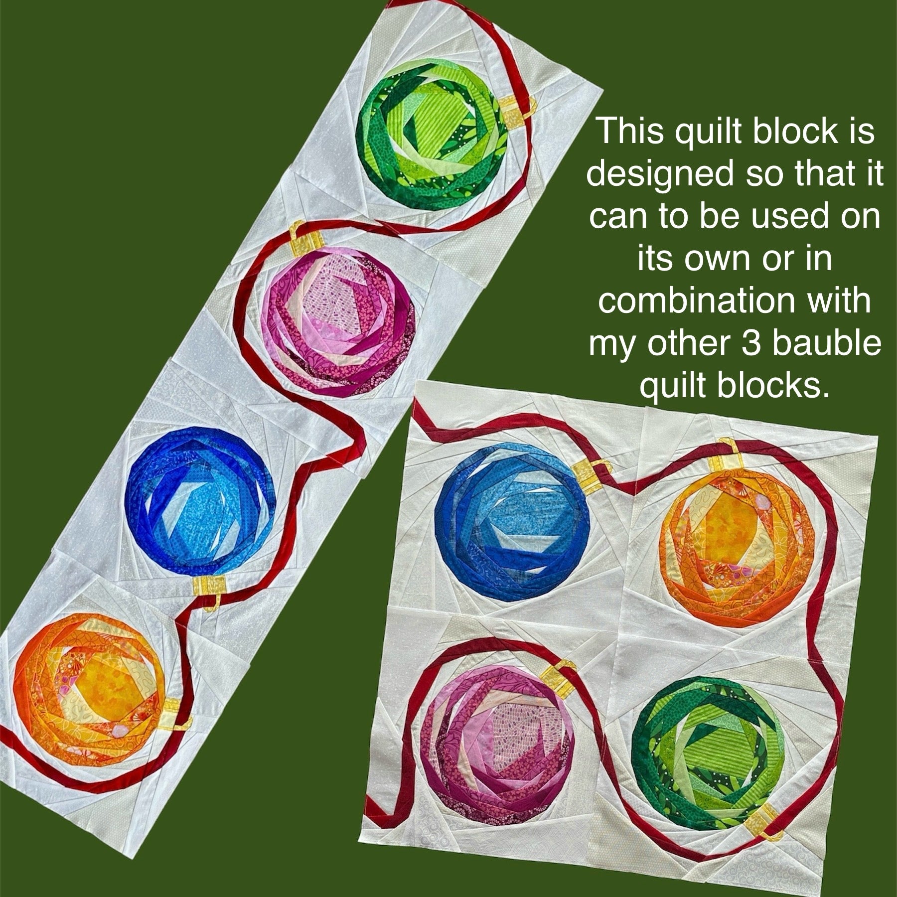 The Blue Bauble FPP Quilt Block Pattern, 12" & 16" Square, Christmas Ornament (PDF Download)