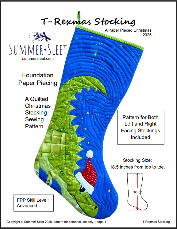T-Rexmas FPP Quilted Christmas Stocking Pattern: Foundation Paper Piecing (PDF Download)