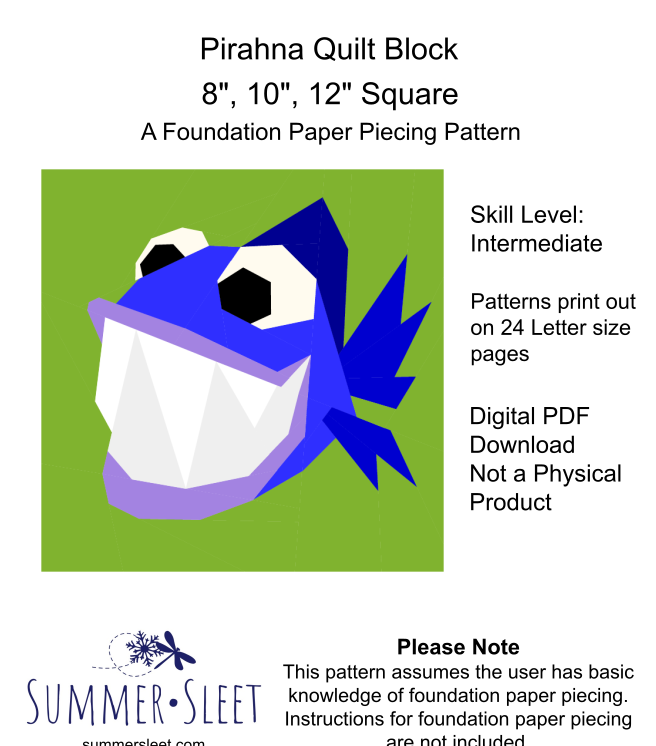 Piranha Fish Quilt Block Pattern, Foundation Paper Piecing (PDF Download)