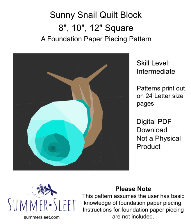 Sunny Snail Quilt Block Pattern, Foundation Paper Piecing (PDF Download)