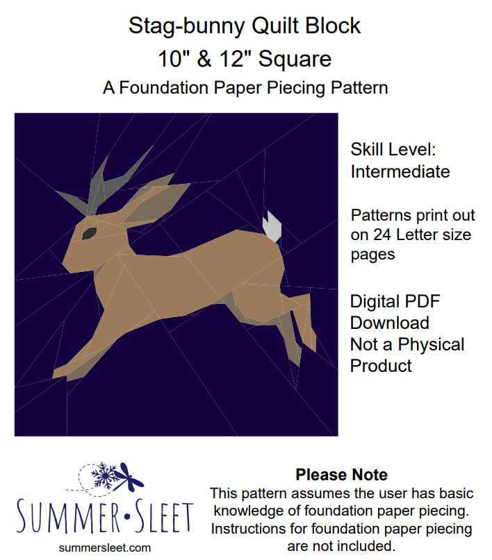 Stag-rabbit and Stag-bunny, 2 Jackalope Quilt Block Patterns (2 PDF Downloads)