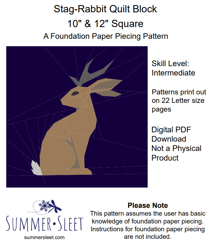 Stag-rabbit and Stag-bunny, 2 Jackalope Quilt Block Patterns (2 PDF Downloads)
