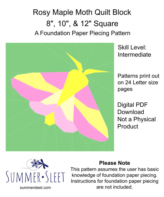 Rosy Maple Moth Quilt Block Pattern, Foundation Paper Piecing (PDF Download)