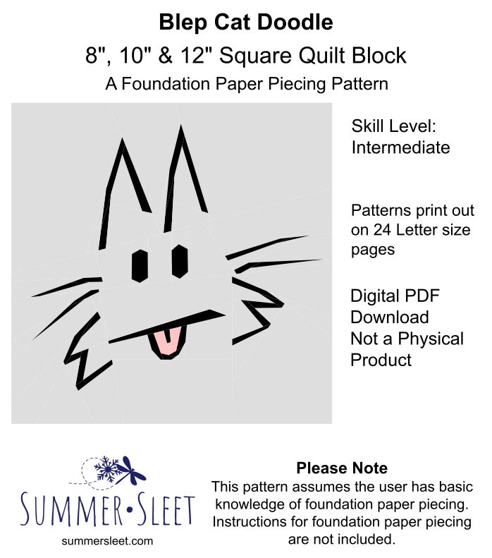 Blep Cat Doodle Quilt Block Pattern (PDF Download)