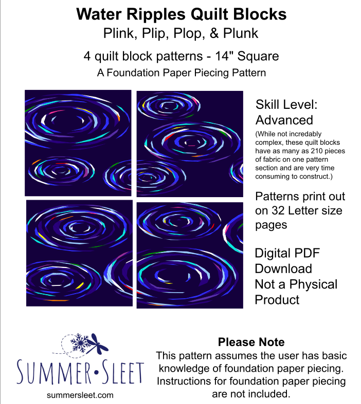 14" Water Ripples FPP Quilt Blocks Pattern, Plink Plip Plop and Plunk (Digital Download)