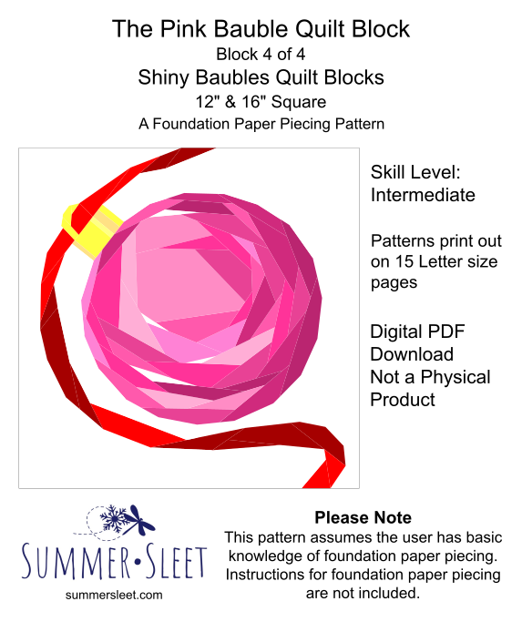 The Pink Bauble FPP Quilt Block Pattern, 12" & 16" Square, Christmas Ornament (PDF Download)