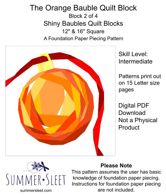 The Orange Bauble FPP Quilt Block Pattern, 12" & 16" Square, Christmas Ornament (PDF Download)