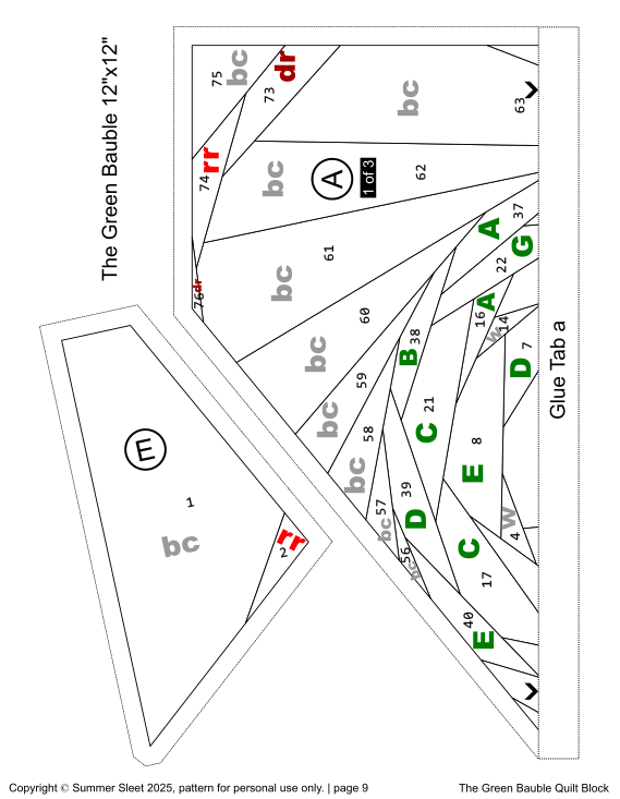 The Green Bauble FPP Quilt Block Pattern, 12" & 16" Square, Christmas Ornament (PDF Download)