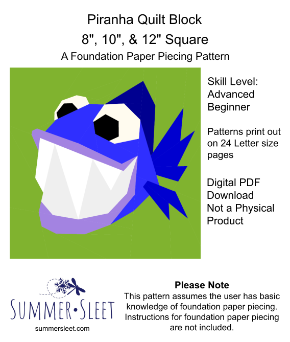 Piranha Fish Quilt Block Pattern, Foundation Paper Piecing (PDF Download)